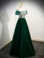 Elegant Dark Green Beading Pearl Sequins Velvet Prom Dresses 2024 A-Line / Princess Off-The-Shoulder Backless Floor-Length / Long Prom Short Sleeve Formal Dresses