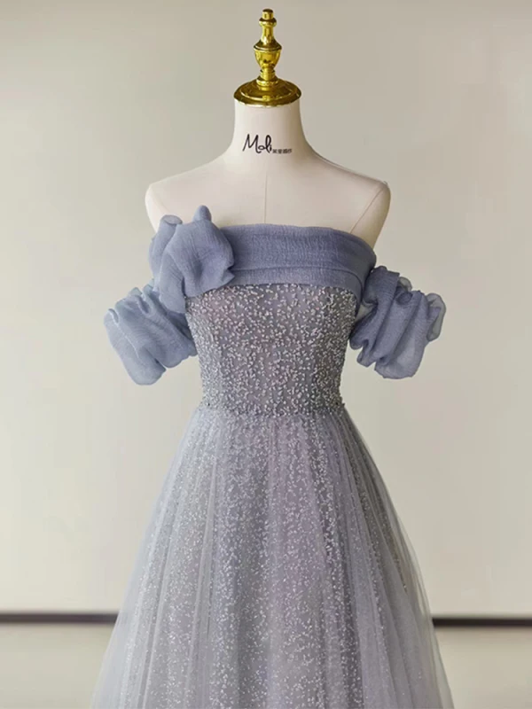 Chic / Beautiful Lavender Beading Evening Dresses 2023 A-Line / Princess Off-The-Shoulder Short Sleeve Backless Floor-Length / Long Evening Party Formal Dresses