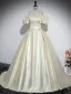 Elegant Champagne Satin Prom Dresses 2024 Ball Gown Off-The-Shoulder Short Sleeve Backless Floor-Length / Long Prom Formal Dresses