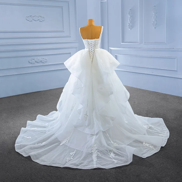 Haut de Gamme Ivoire Perle En Dentelle Fleur Robe De Mariée 2023 Trompette / Sirène Encolure Carrée Sans Manches Ceinture Dos Nu Tribunal Train Mariage
