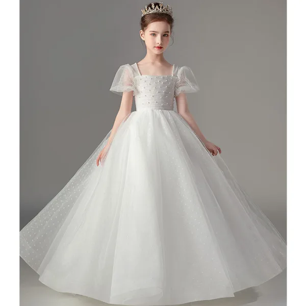 Chic / Beautiful White Pearl Wedding Flower Girl Dresses 2022 Ball Gown Square Neckline Puffy Short Sleeve Backless Floor-Length / Long Flower Girl Dresses