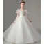 Chic / Beautiful White Pearl Wedding Flower Girl Dresses 2022 Ball Gown Square Neckline Puffy Short Sleeve Backless Floor-Length / Long Flower Girl Dresses