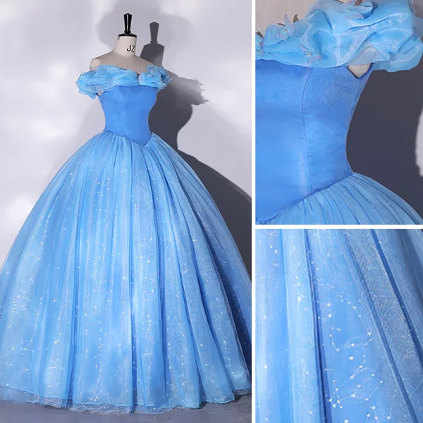 Cinderella Elegant Sky Blue Sequins Prom Dresses 2023 Ball Gown Ruffle Off-The-Shoulder Sleeveless Backless Floor-Length / Long Prom Formal Dresses
