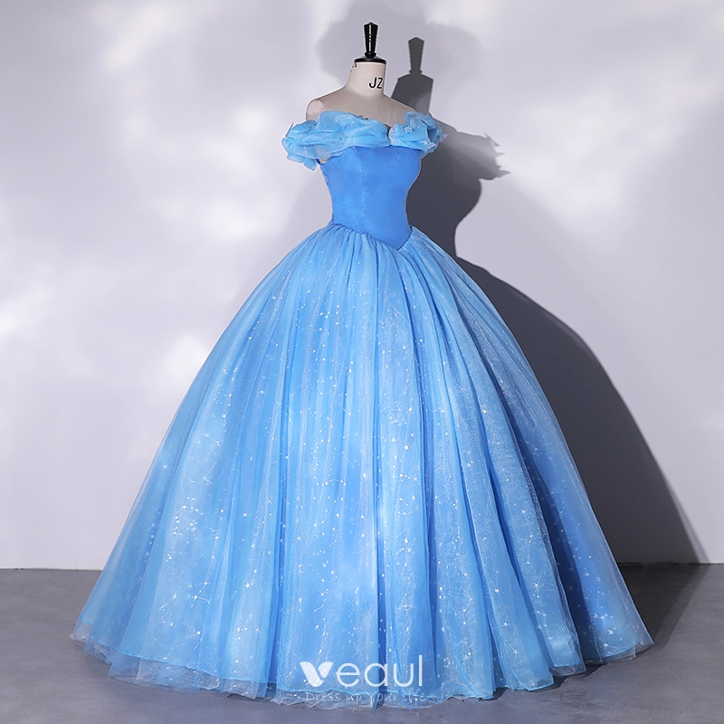 Cinderella Elegant Sky Blue Sequins Prom Dresses 2023 Ball Gown Ruffle ...