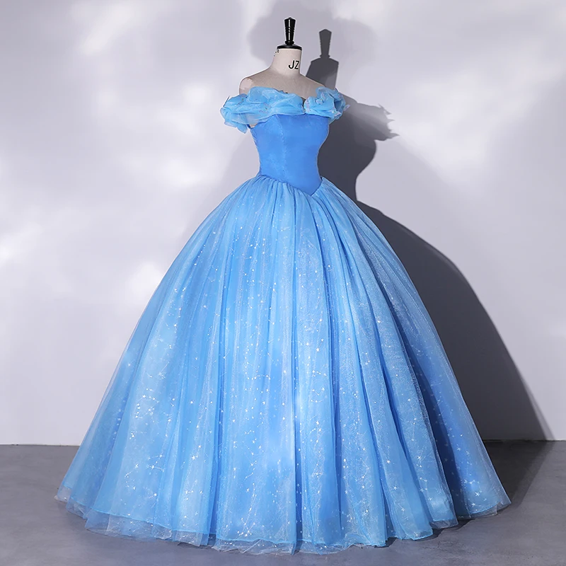 open lace back dress Light Blue Puffed Sleeve Prom Dresses Sparkly Cinderella Dresses 21011 Light Blue / 16W