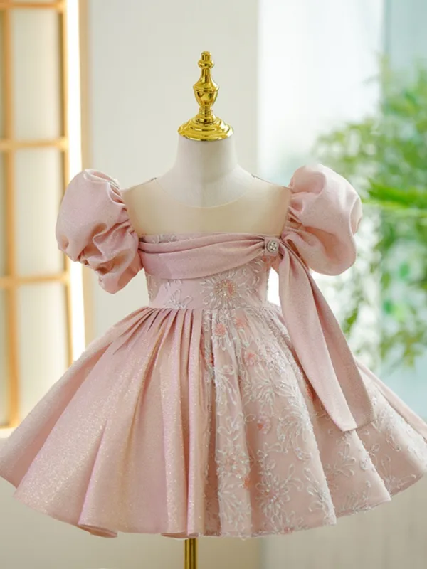Chic / Beautiful Blushing Pink Beading Pearl Birthday Flower Girl Dresses 2023 Ball Gown Scoop Neck Puffy Short Sleeve Short