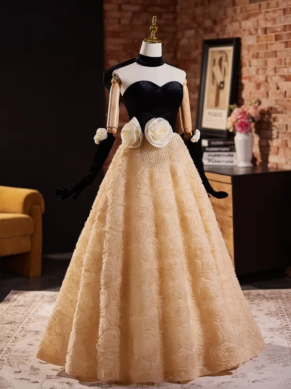 Mode Champagner Applikationen Rüschen Ballkleider 2024 Ballkleid Bandeau Ärmellos Rückenfreies Schleife Lange Ball Festliche Kleider