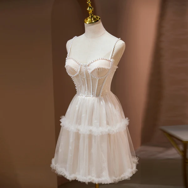 Sexy Nude Pearl Pierced Evening Party Party Dresses 2022 A-Line / Princess Spaghetti Straps Sleeveless Backless Short Party Dresses