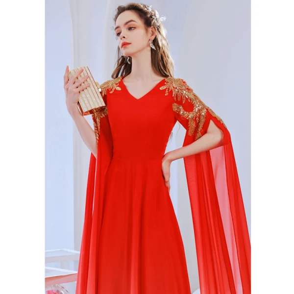 Chic / Belle Rouge Dégradé De Couleur Robe De Bal 2022 Princesse V-Cou Perlage Paillettes Manches Longues Longue Robe De Ceremonie