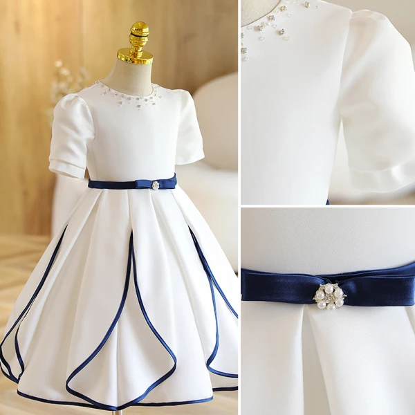 Chic / Beautiful Ivory Birthday Short Flower Girl Dresses 2022 A-Line / Princess Scoop Neck Short Sleeve Pearl Bow Sash Flower Girl Dresses