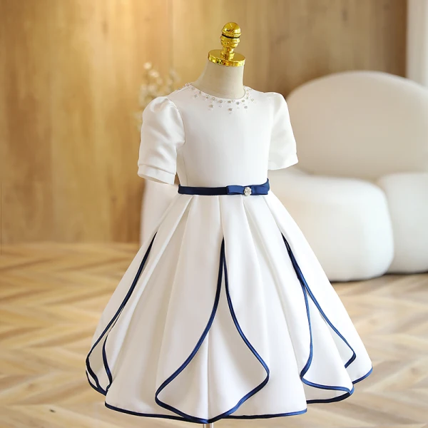 Chic / Beautiful Ivory Birthday Short Flower Girl Dresses 2022 A-Line / Princess Scoop Neck Short Sleeve Pearl Bow Sash Flower Girl Dresses