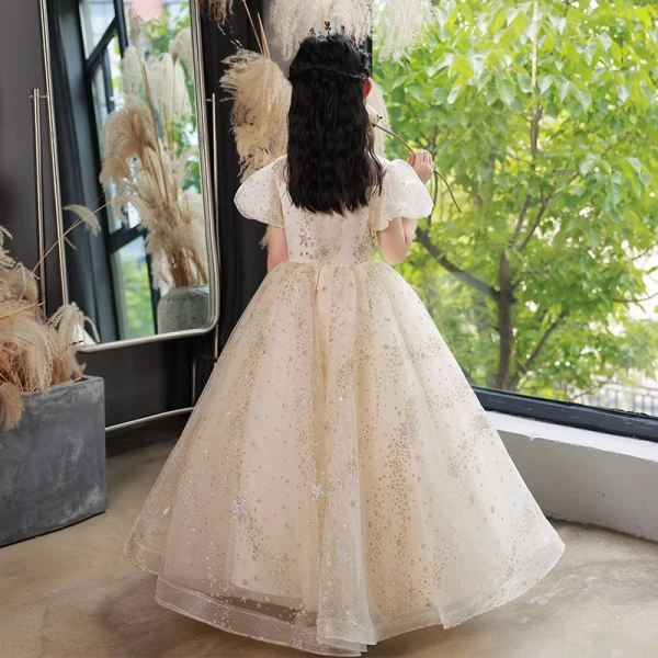 Chic / Beautiful Champagne Star Sequins Birthday Flower Girl Dresses 2023 A-Line / Princess V-Neck Puffy Short Sleeve Floor-Length / Long Flower Girl Dresses