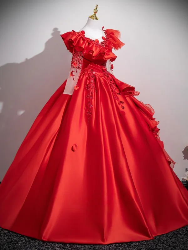 Vintage / Retro Red Beading Sequins Appliques Prom Dresses 2025 Ball Gown Scoop Neck Long Sleeve Backless Floor-Length / Long Formal Dresses