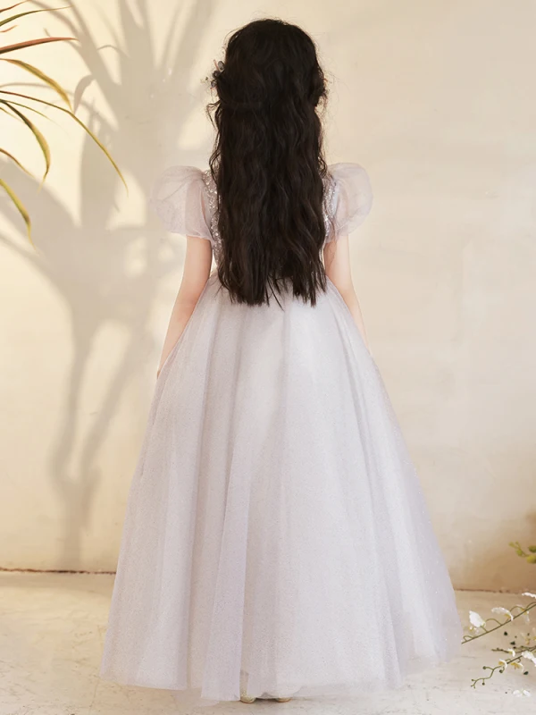 Modest / Simple Grey Beading Sequins Birthday Flower Girl Dresses 2024 Ball Gown V-Neck Short Sleeve Floor-Length / Long