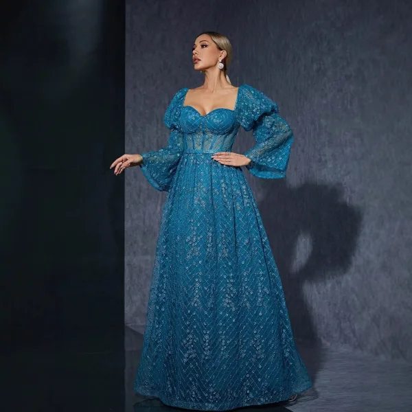 Vintage / Retro Pool Blue Lace Flower Prom Dresses 2025 Bell sleeves A-Line / Princess Square Neckline Backless Floor-Length / Long Prom Formal Dresses