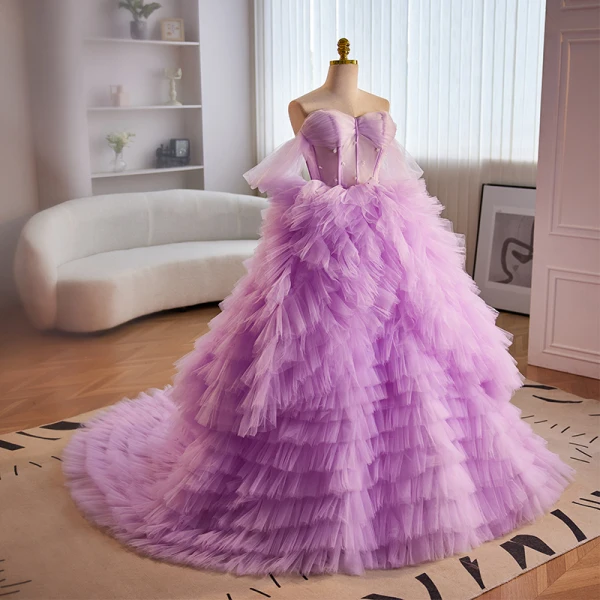 Charming Lavender Cascading Ruffles Pearl Prom Dresses 2023 Ball Gown Off-The-Shoulder Short Sleeve Backless Court Train Prom Formal Dresses