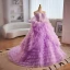 Charming Lavender Cascading Ruffles Pearl Prom Dresses 2023 Ball Gown Off-The-Shoulder Short Sleeve Backless Court Train Prom Formal Dresses