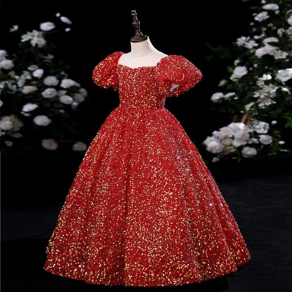 Scintillantes Rouge Paillettes Soirée Robe Ceremonie Fille 2022 Robe Boule Encolure Dégagée Gonflée Manches Courtes Longue Robe Ceremonie Fille