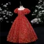Scintillantes Rouge Paillettes Soirée Robe Ceremonie Fille 2022 Robe Boule Encolure Dégagée Gonflée Manches Courtes Longue Robe Ceremonie Fille