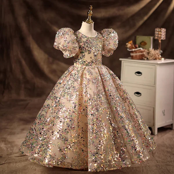 Sparkly Champagne Beading Sequins Prom Flower Girl Dresses 2022 Ball Gown Scoop Neck Puffy Short Sleeve Backless Floor-Length / Long Flower Girl Dresses