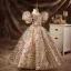 Sparkly Champagne Beading Sequins Prom Flower Girl Dresses 2022 Ball Gown Scoop Neck Puffy Short Sleeve Backless Floor-Length / Long Flower Girl Dresses