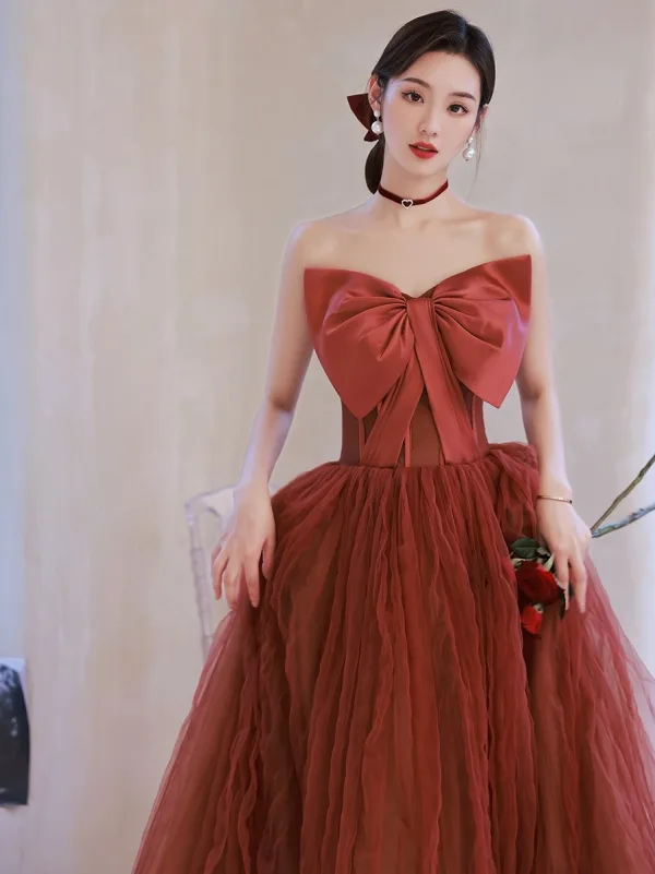 Chic / Beautiful Red Prom Dresses 2024 A-Line / Princess Strapless Bow Sleeveless Backless Floor-Length / Long Prom Formal Dresses