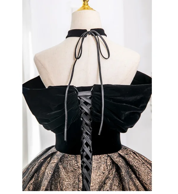 Vintage / Retro Black Glitter Prom Dresses 2024 Ball Gown Off-The-Shoulder Sleeveless Backless Floor-Length / Long Prom Formal Dresses