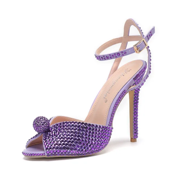 Sexy Bleu Ciel Faux Diamant Soirée Sandales Femme 2024 Bride Cheville 9 cm Talons Aiguilles Peep Toes / Bout Ouvert Talons Hauts