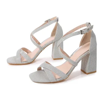 Charmant Argenté Soirée Sandales Femme 2022 X Strap 9 Cm Talons Épais Peep Toes Bout Ouvert Sandales Talons Hauts