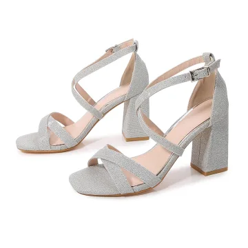 Charmant Zilveren Avond Sandalen Dames 2022 X Strap 9 Cm Dikke Hak Peep Toe Sandalen Hoge Hakken