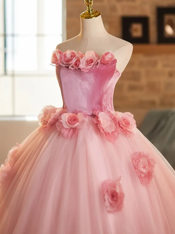 Chic / Beautiful Blushing Pink Appliques Prom Dresses 2025 Ball Gown Strapless Sleeveless Backless Floor-Length / Long Prom Formal Dresses