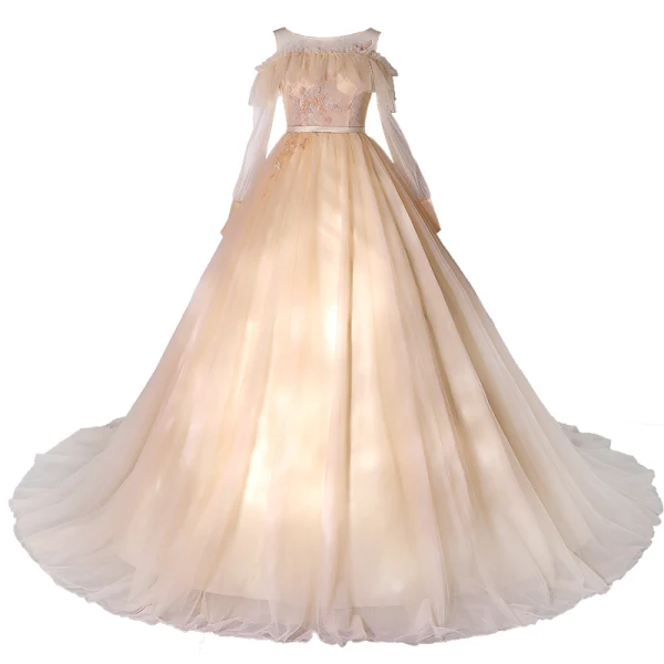 Chic / Beautiful Champagne Beading Lace Flower Prom Dresses 2022 A-Line / Princess Scoop Neck Long Sleeve Backless Sash Floor-Length / Long Prom Formal Dresses