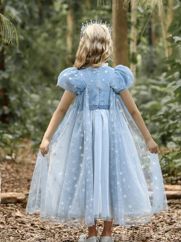 Fashion Sky Blue Star Sequins Birthday Flower Girl Dresses 2023 A-Line / Princess High Neck Puffy Short Sleeve Tea-length Flower Girl Dresses