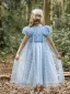 Fashion Sky Blue Star Sequins Birthday Flower Girl Dresses 2023 A-Line / Princess High Neck Puffy Short Sleeve Tea-length Flower Girl Dresses