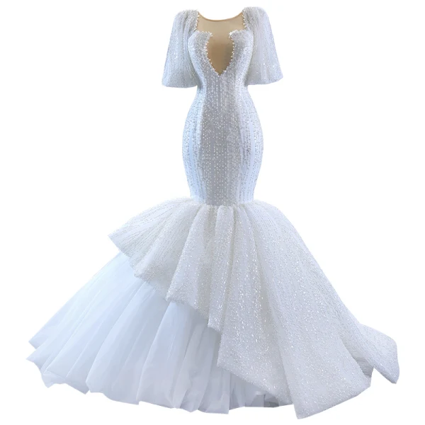 Luxury / Gorgeous White Handmade Beading Pearl Cascading Ruffles Wedding Dresses 2023 Trumpet / Mermaid Scoop Neck Short Sleeve Floor-Length / Long Wedding