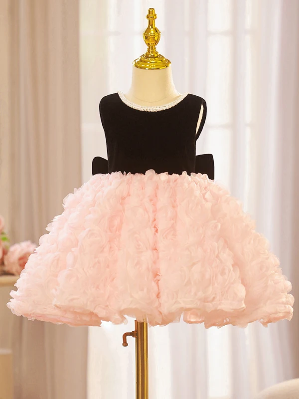 Lovely Blushing Pink Cascading Ruffles Short Birthday Flower Girl Dresses 2023 Ball Gown Pearl Scoop Neck Sleeveless Backless Bow
