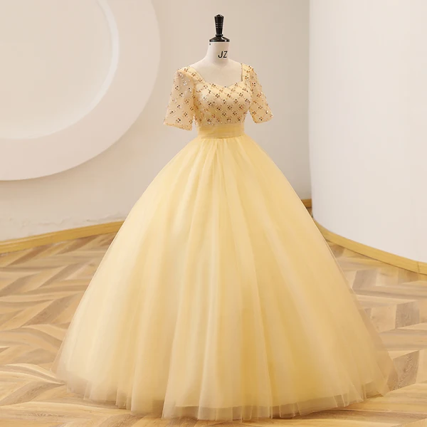 Elegant Yellow Prom Dresses 2022 Ball Gown Square Neckline Pearl Sequins Short Sleeve Backless Floor-Length / Long Prom Formal Dresses
