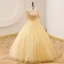 Elegant Yellow Prom Dresses 2022 Ball Gown Square Neckline Pearl Sequins Short Sleeve Backless Floor-Length / Long Prom Formal Dresses