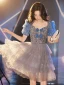 Sexy Gris Glitter Perlage Paillettes Robe De Cocktail Robe De Fête 2023 Princesse Encolure Carrée Noeud Manches Courtes Dos Nu Mi-Longues Soirée Robe De Ceremonie