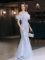 Scintillantes Bleu Ciel Perlage Appliques Paillettes Robe De Bal 2024 Trompette / Sirène De l'épaule Manches Courtes Dos Nu Longue Promo Robe De Ceremonie