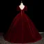 Elegant Burgundy Lace Flower Velvet Prom Dresses 2025 Ball Gown Scoop Neck Short Sleeve Backless Floor-Length / Long Prom Formal Dresses