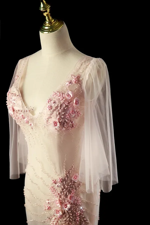 Charmant Rougissant Rose Perlage Perle Paillettes Robe De Soirée 2024 Trompette / Sirène Col v profond Manches Courtes Dos Nu Longue Soirée Robe De Ceremonie