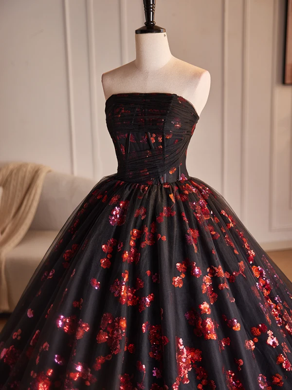 Elegant Burgundy Sequins Flower Prom Dresses 2024 Ball Gown Strapless Sleeveless Backless Floor-Length / Long Prom Formal Dresses