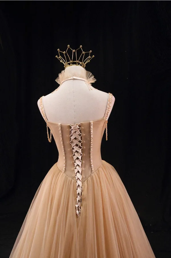 Amazing / Unique Khaki Beading Prom Dresses 2025 A-Line / Princess Spaghetti Straps Sleeveless Backless Floor-Length / Long Prom Formal Dresses
