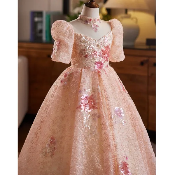 Chic / Beautiful Blushing Pink Beading Sequins Lace Flower Birthday Flower Girl Dresses 2025 Ball Gown High Neck Short Sleeve Backless Floor-Length / Long Tulle