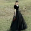 Elegant Black Prom Dresses 2022 A-Line / Princess Square Neckline Short Sleeve Backless Floor-Length / Long Formal Dresses
