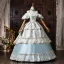Médiévale Vintage / Originale Bleu Ciel Faux Diamant En Dentelle Fleur Volants en Cascade Robe De Bal 2026 Robe Boule Bretelles Spaghetti Gonflée Manches Courtes Dos Nu Longue