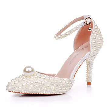Elegant Beige Pearl Womens Shoes 2025 Ankle Strap 9 Cm Stiletto Heels Wedding Pointed Toe High Heels Heels