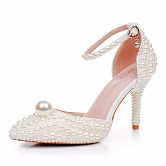 Elegante Beige Perle Damen Schuhe 2025 Knöchelriemen 9 Cm Stilettos Hochzeit Spitzschuh Hochhackige High Heels