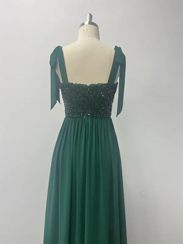 Simple Vert Foncé Perlage Paillettes Fendue devant Robe De Bal 2024 Princesse Bretelles Spaghetti Sans Manches Dos Nu Longue Promo Robe De Ceremonie